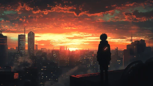 Silhouetted figure overlooks neon city at vivid sunset.