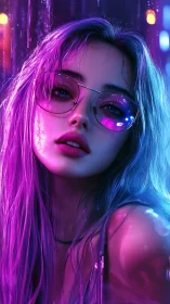 Neon lit female portrait with reflective glasses at night.