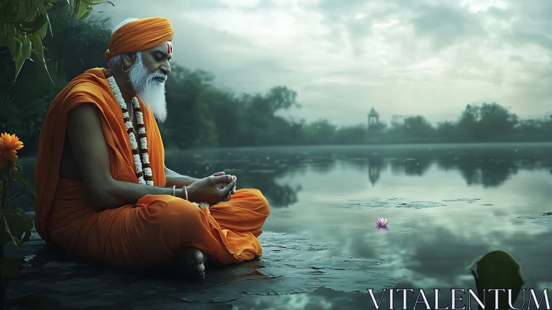 Monastic lakeside meditation with atmospheric depth rendering.