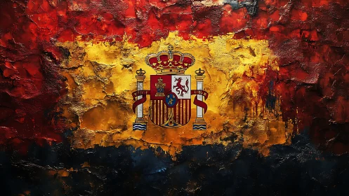 Textured Spanish flag painting with central royal coat of arms.