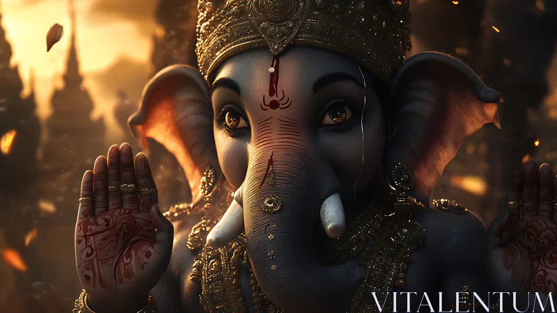 Regal Ganesha idol glows in warm cinematic sunset light.