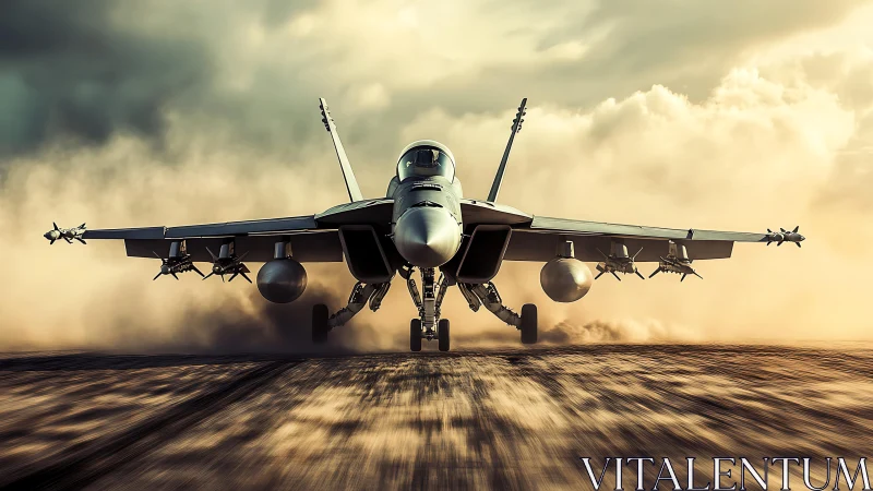 Modern twin‑engine fighter jet on dusty runway surface.