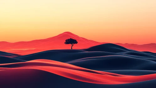 Solitary tree amid neon dunes at glowing desert dusk.