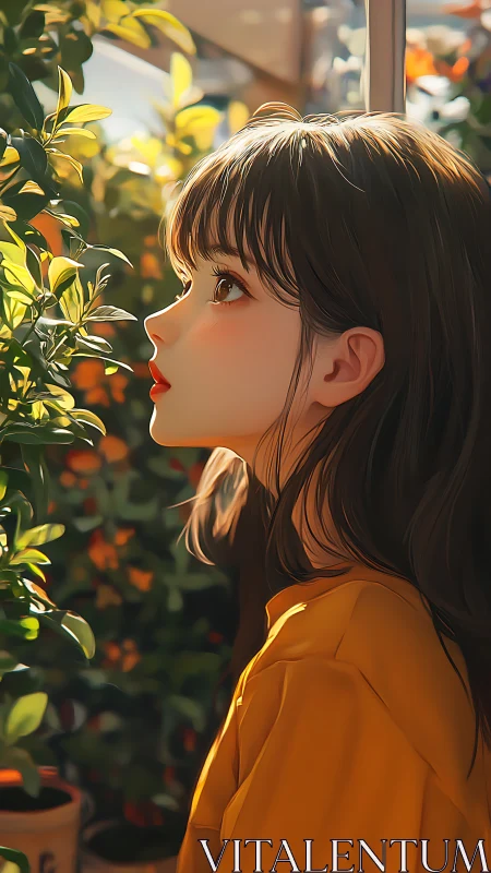 Side profile of girl in yellow shirt amid garden plants.