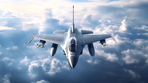 Single-engine fighter jet with external stores over stratocumulus deck