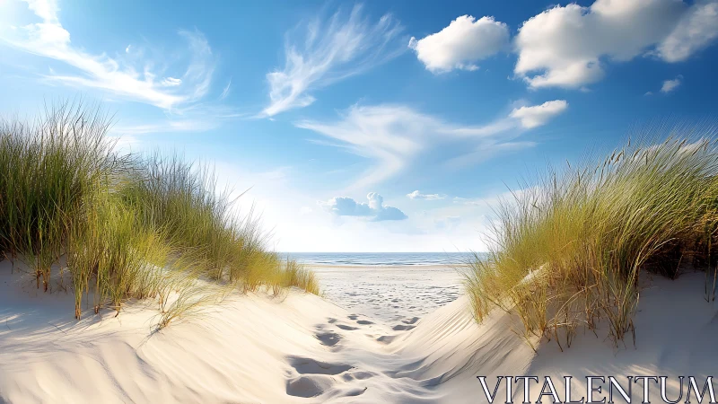 Sunlit dune pathway opening onto tranquil summer shoreline.