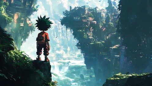 Young explorer overlooks verdant floating canyon metropolis.