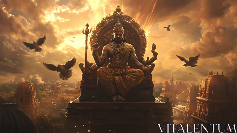 Sun-drenched temple monarch sits enthroned above stormy skies
