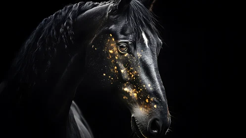 Black horse portrait with gold speckled facial highlights.