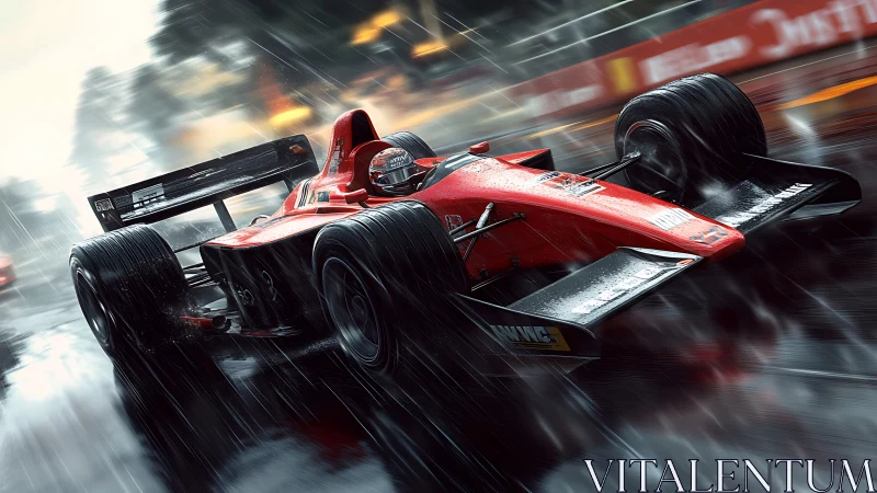 Red Formula racer cutting through rain-soaked street circuit.