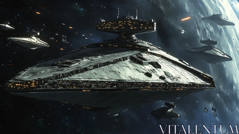Massive wedge-shaped star destroyer leads armored space fleet