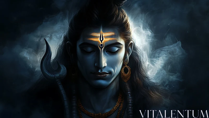 Divine blue-faced deity in meditative stillness amid smoke