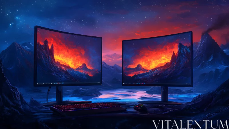 Twin gaming monitors glow against a vivid volcanic fantasy world