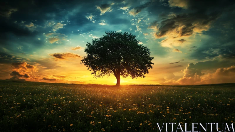 Solitary tree centered under vivid sunset sky field.