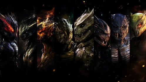 Armored alien beasts glare through burning shadows of war