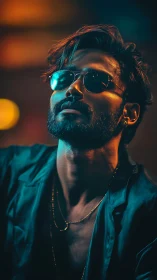 Moody portrait of stylish man in teal and amber light.