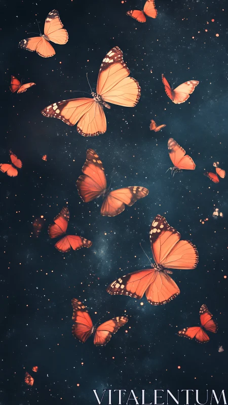 Monarch butterflies drift through a dreamy cosmic night sky.