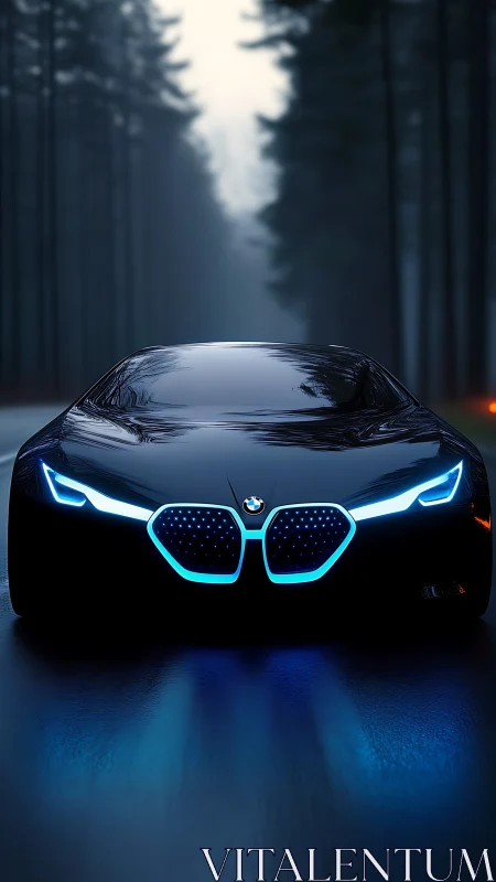 BMW concept car with blue LEDs on wet forest roadway.