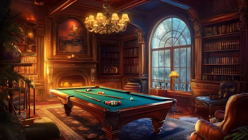 Luxurious wood-paneled library with central billiards table.