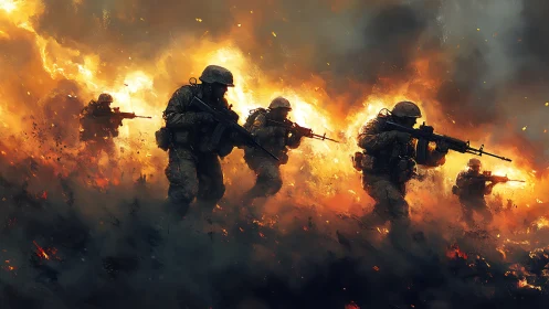Combat soldiers advancing through intense fire and explosions.