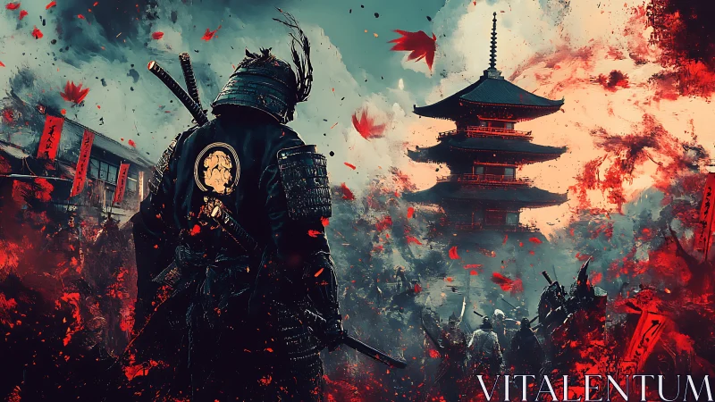 Armored samurai before pagoda amid red atmospheric debris.