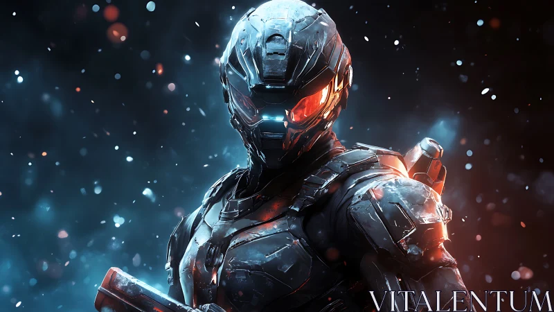 Ember-eyed space trooper strides through fractured starlight.