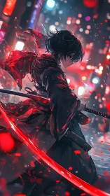 Dynamic anime swordsman in neon-lit urban rain with motion blur