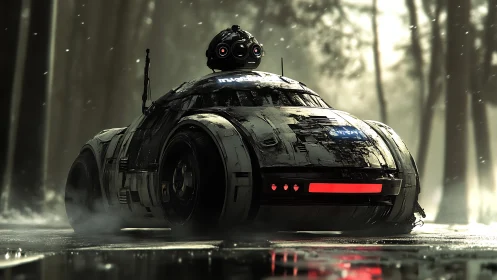 Futuristic armored rover with sensors in misty forest.