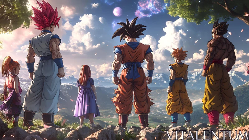 Saiyan warriors observe cosmic sky above alpine valley.