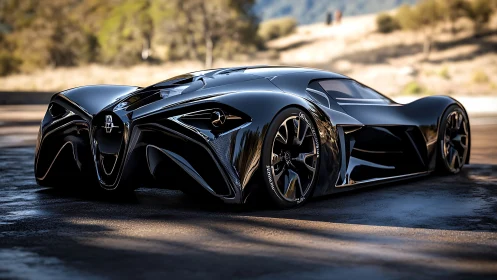 Midnight predator hypercar prowling a sunlit racetrack.