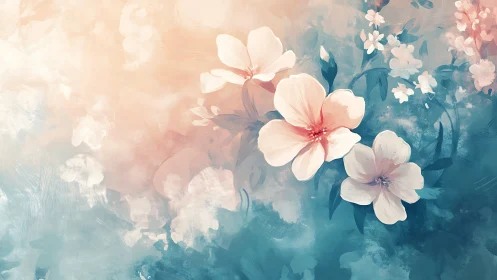 Soft pastel floral illustration on blue and peach ground.