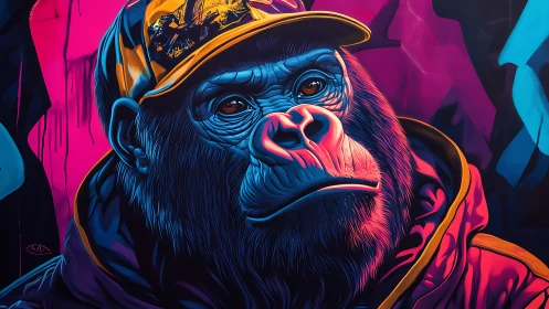 Urban neon gorilla portrait in bold street-art palette.