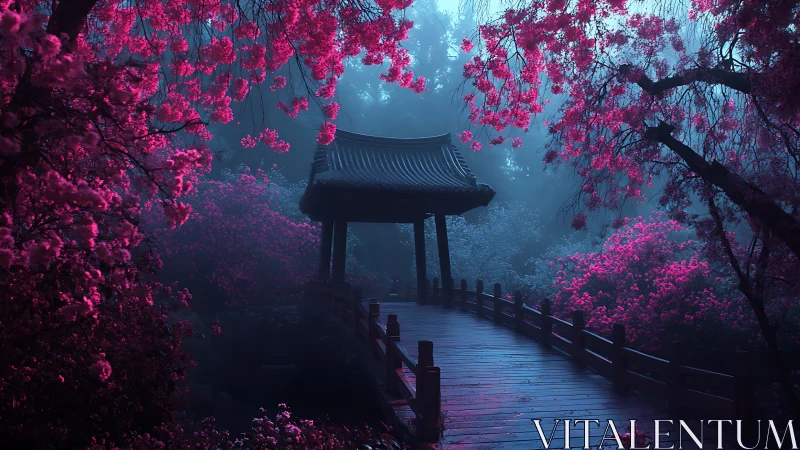 Dreamy garden bridge glowing with misty pink blossoms.