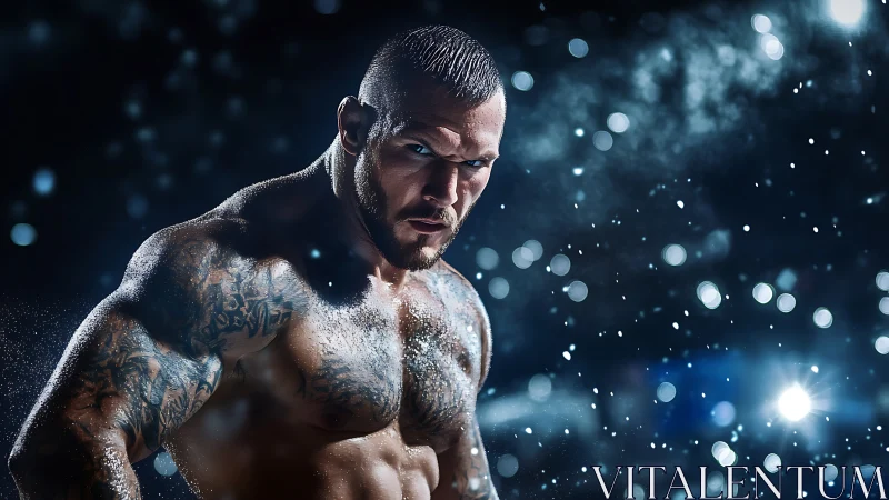 Muscular tattooed athlete under high contrast cinematic lighting