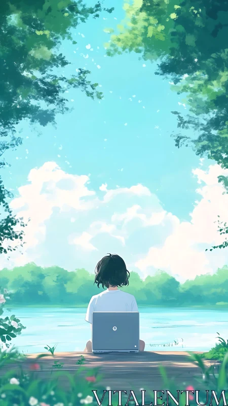 Solitary laptop user beside calm lakeside under summer sky.