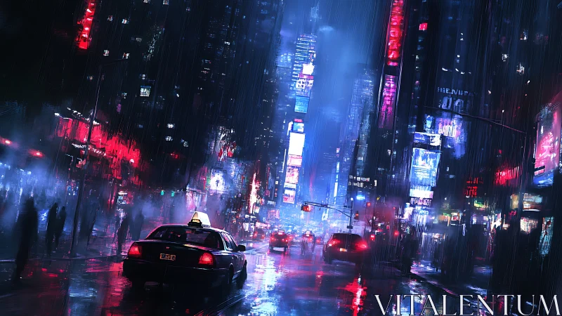 Rainy neon city street glowing with late night taxi lights.