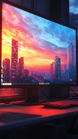 Neon sunset cityscape spills from an ultrawide desk monitor