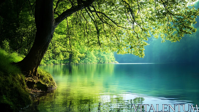 Shaded lakeshore with overhanging tree and calm water surface.
