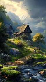 Sunlit mountain cottage and streamside path of quiet wonder.