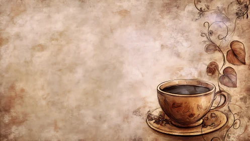 Vintage coffee cup illustration on textured parchment background.