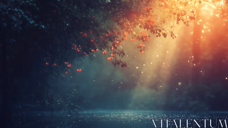 Sunlit forest branch over water with drifting particles.