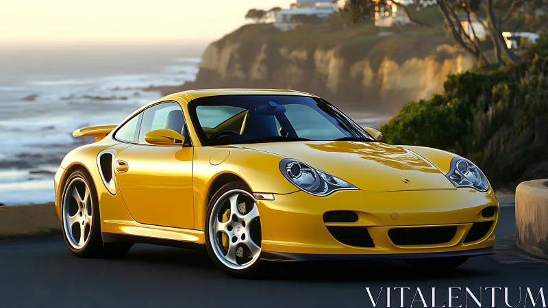 Sunlit yellow sports coupe cruising a cliffside dream road.