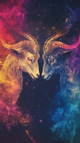 Two mirrored rams in vivid cosmic nebula contrast.