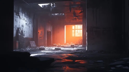 Smoldering light in derelict industrial corridor at dusk.