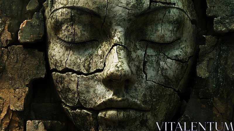 Weathered stone face sculpture with cracked serene features.