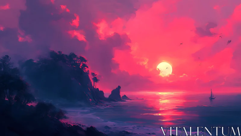 Vivid digital seascape with glowing pink sunset sky.