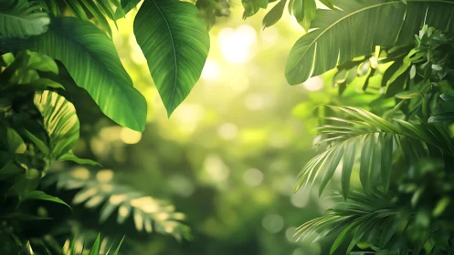 Sunlit tropical foliage framing soft blurred forest depth.