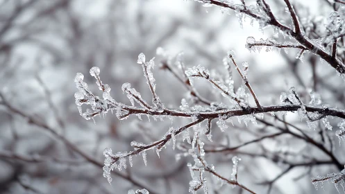 Close-up of frosty tree branches covered in ice, winter nature scene.