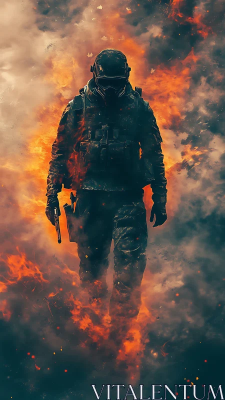 Armored soldier walking through intense surrounding flames.
