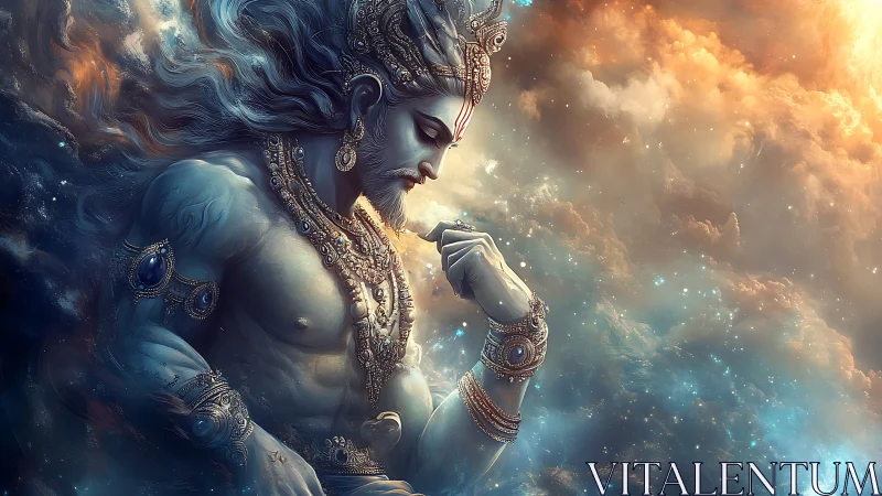 Mythic blue-skinned deity figure in ornate jewelry profile.